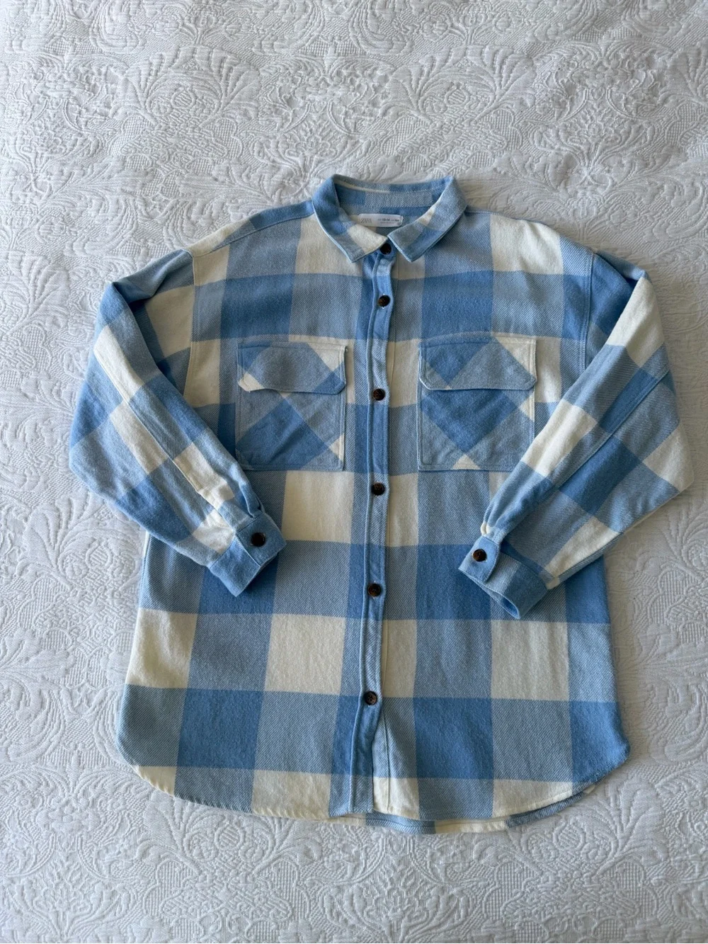 Zara Light Blue and Cream Check Button-Down Shirt, flannel, elongated
